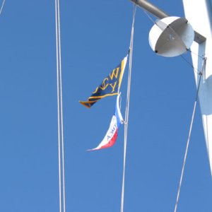 TMCA burgee flying from our flag halyard after landfall in Mobile. The round thingy is our radar reflector.