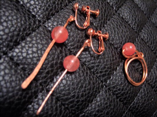 Copper and Rose Quartz Dangle Hammered Earrings and RIng d.jpg