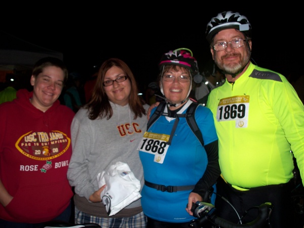 Midnight Madness Bike Ride in San Diego, 8 15 09
(L-R) daughter-in-law Brenda (4 months prego), daughter Cherie, me, DH Keith (neon man)